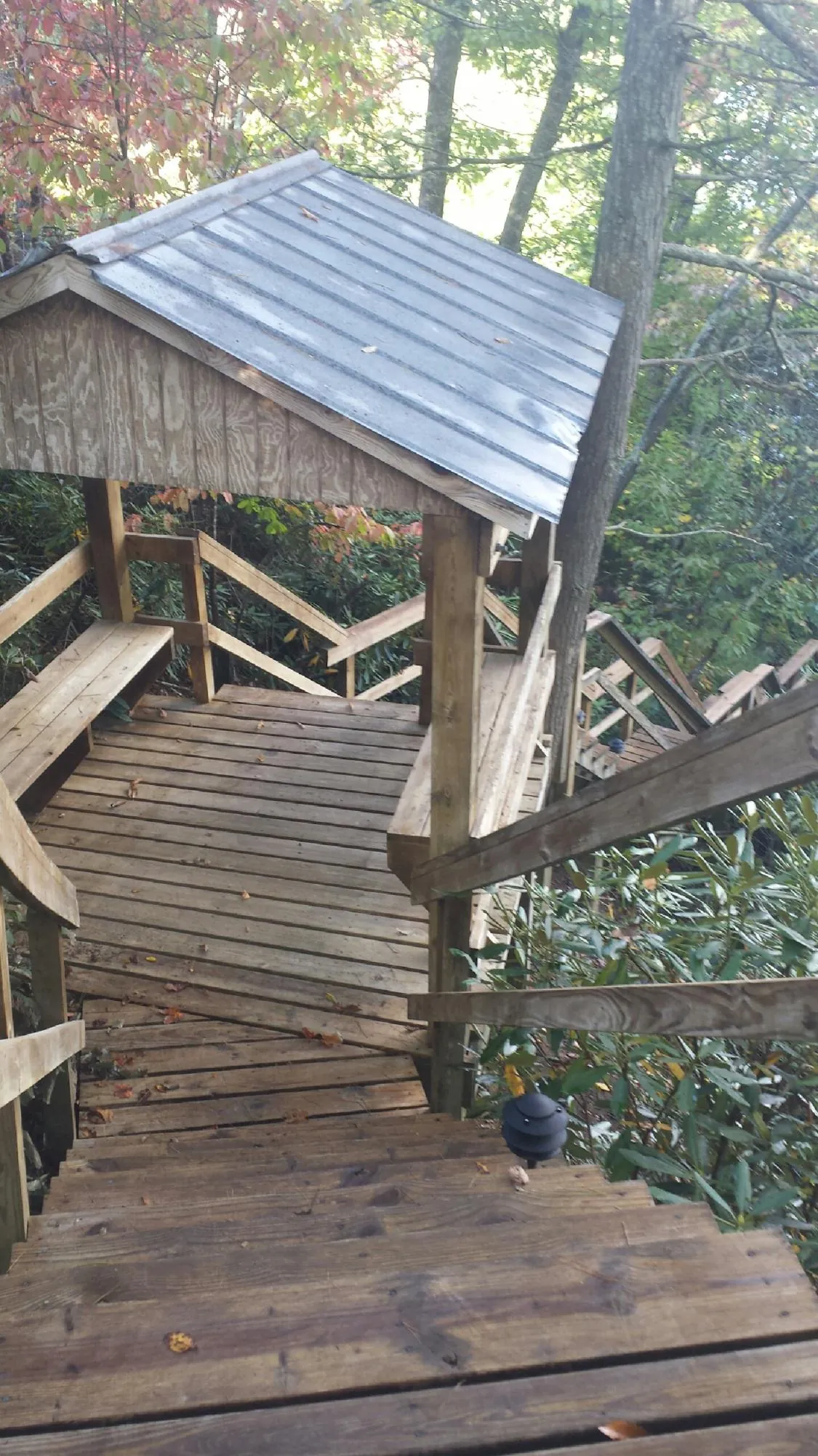 Metal roofed shelter over wooden steps on a wooded walkway — Skylight Repair & Installation work by our crew in Lake Jackson